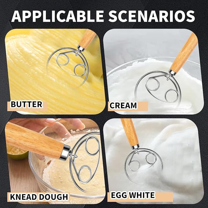 Danish Dough Whisk Stainless Steel Wood Handle for Sourdough Bread | Food Grade Stainless Steel; Dutch Whisk Dough Hook Alternative; Hand Dough Mixer Stirrer; No Lumps Mixing; Dishwasher Safe