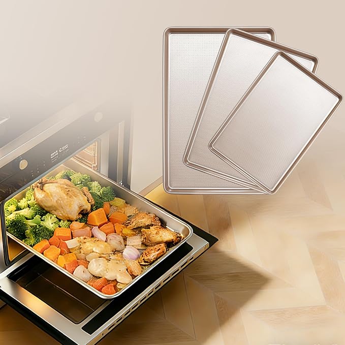 GIUOIDUO Baking Sheet Set of 3, Nonstick Heavy Duty Cookie Sheets for Oven - 13.6"×9.6"/15.5"×10.6"/17.5"×11.8" Warp-Resistant Carbon Steel Bakeware Trays, Champagne Gold, Dishwasher & Oven Safe