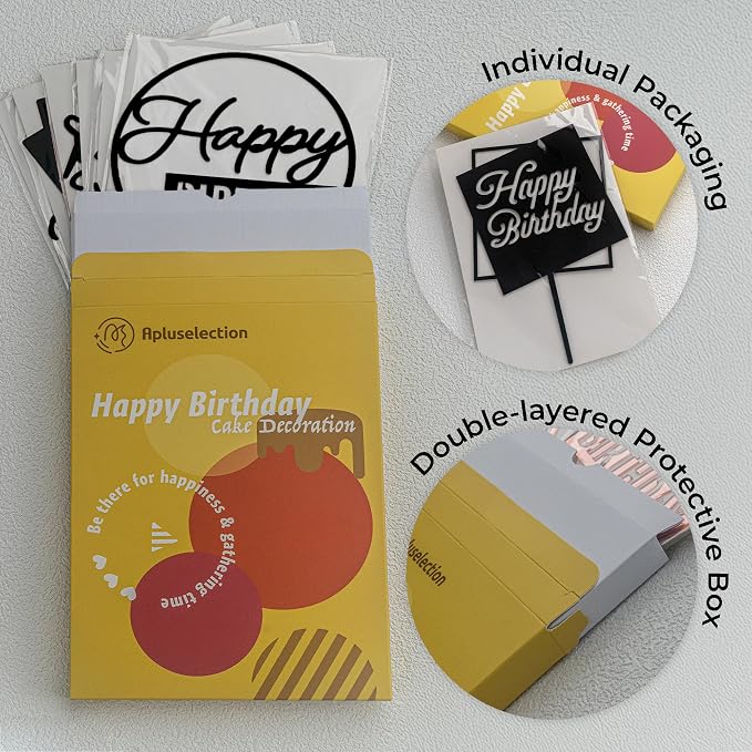 6 Pcs Black Happy Birthday Cake Toppers, 5" x 6.5" Acrylic Cake Decoration for Birthday Party
