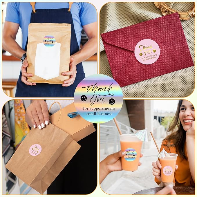 1000 PCS Holographic Thank You Stickers for Small Business | 1.5 Inch, Self-Adhesive Waterproof Labels, Smile Design Stickers, Envelope Seals for Packaging, Gift Bags, Boxes