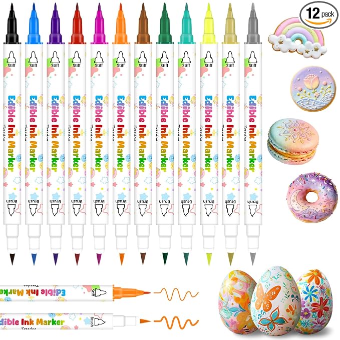 Food Coloring Marker Pens,12Pcs Dual Sided Food Grade and Edible Markers with Fine&Thick Tip,Edible Pen Gourmet Writers for Decorating Cake,Cookies,Fondant,Frosting,Easter Eggs,Painting,Drawing,Baking( For 12+ Year Old)