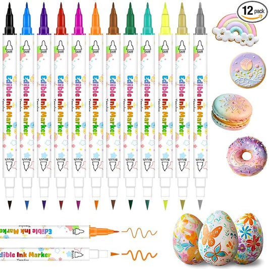 Food Coloring Marker Pens,12Pcs Dual Sided Food Grade and Edible Markers with Fine&Thick Tip,Edible Pen Gourmet Writers for Decorating Cake,Cookies,Fondant,Frosting,Easter Eggs,Painting,Drawing,Baking( For 12+ Year Old)