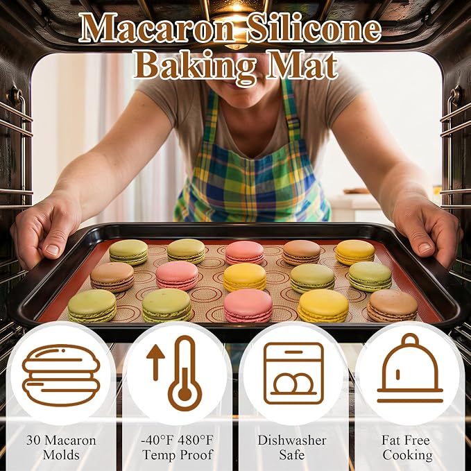Supkiir 33 Pcs Macaron Silicone Baking Mats Kit, 2 Sheet Nonstick Macaroon Mat Silicone, 2 Piping Pastry Bag, 14 Piping Tip, 2 Coupler, 5 Scraper Set, 1 Egg Beater, 6 Embossing-Molds Macaron