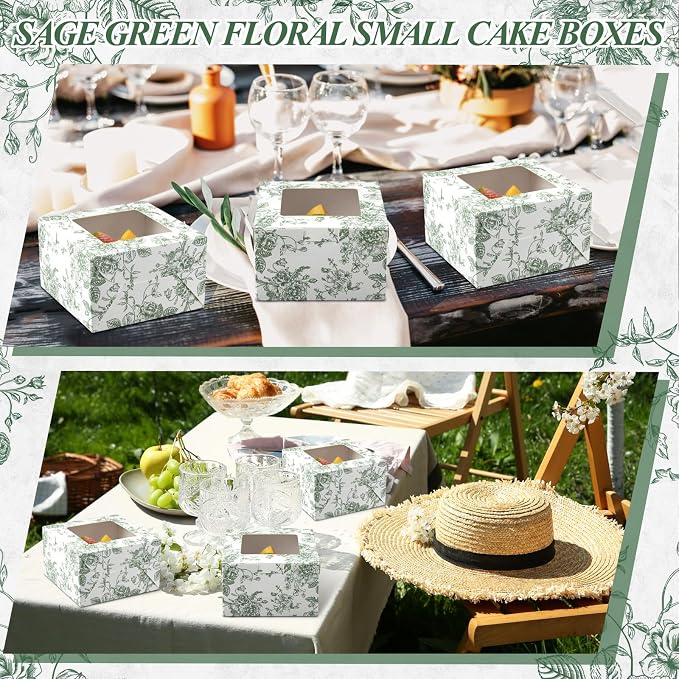 50 Pack Sage Green Floral Cookie Boxes with Window, Chinoiserie Small Bakery Treat Boxes for Pastry Donuts Macaroon Cupcakes, Wedding Bridal Shower Birthday Tea Party Baby Shower Favors