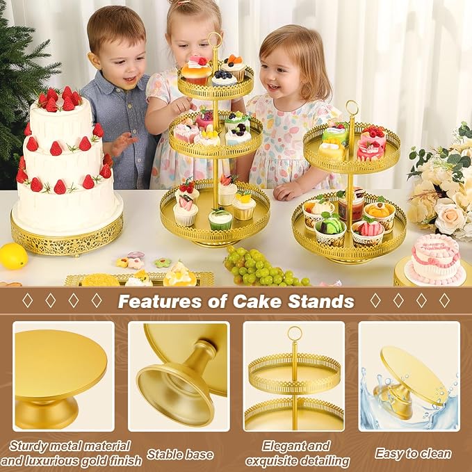 Wenqik 21 Pcs Gold Cake Stand Set Metal Dessert Display Set Tiered Cupcake Holder Square Serving Trays Round Tower Tray Platter for Wedding Birthday Party Celebration (Elegant Style)