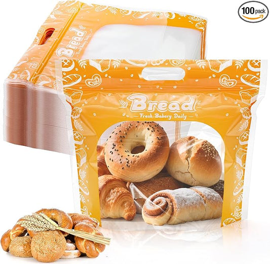 100 Pieces Plastic Bread Bags, 12.6'' x 10.6'' x 4.3'' Zippered Sourdough Bag with Clear Window Handle, Reusable Bakery Fresh Keeper Toast Packaging Holder for Homemade Bread, Cookies