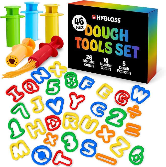 Hygloss 46 Pcs Dough Tools Set – Dough Extruders + Numbers & Alphabet Cutters Set – Educational Modeling Clay Tools – Preschool Toys & Toddler Activities – Arts & Crafts for Kids Ages 3-5
