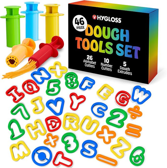 Hygloss 46 Pcs Dough Tools Set – Dough Extruders + Numbers & Alphabet Cutters Set – Educational Modeling Clay Tools – Preschool Toys & Toddler Activities – Arts & Crafts for Kids Ages 3-5