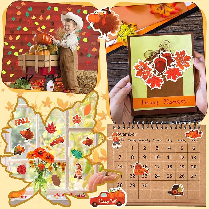 600Pcs Fall Thanksgiving Foam Sticker Glitter Maple Leaf Sticker | Autumn Decals for Kids, School Projects, Classroom Handmade DIY Arts Crafts, Scrapbook, Party Favors Decorations