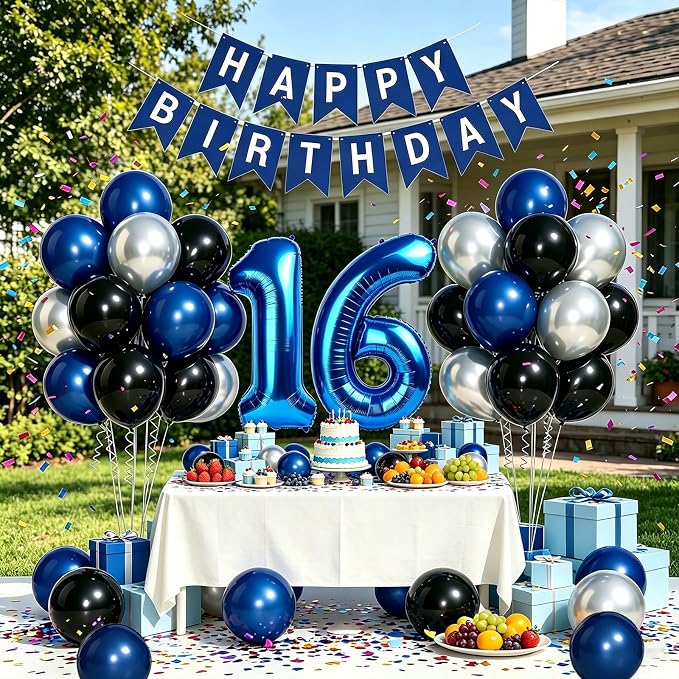 Blue 16th Birthday Decorations For Boys -12 Inch Navy Blue Black Silver Balloons, 32 Inch16 Balloon, Happy Birthday Banner For Sweet 16 Party Decorations Boy