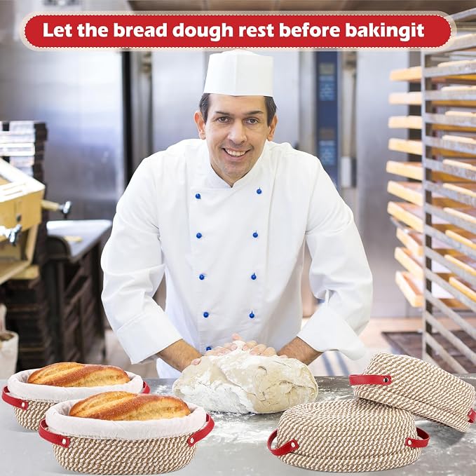 Gejoy 4 Pcs 10 Inch Cotton Rope Banneton Bread Proofing Basket Set Oval Bread Baskets with Liners & Covers Proofing Baskets for Sourdough Baking with 4 Strickle for Home Bakers Wife Mom(Yellow, White)
