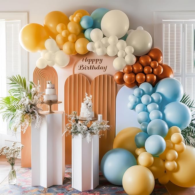Here Comes the Son Balloon Arch Kit, Retro Blue Yellow Boho Balloon Garland with Mustard Yellow Pastel Blue Sand White Coffee Balloon for Fall Colorful Baby Shower First Birthday Party Decoration