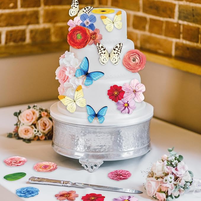 108PCS Edible Flower Cupcake Toppers Wafer Paper Butterfly Floral Baby Shower Cake Decorations Edible Spring Flower Cupcake Toppers for Floral Theme Birthday Party Decoration