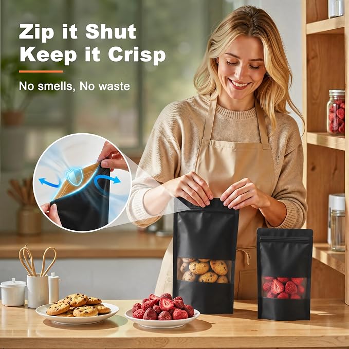 FireKylin 100 Pcs Resealable Bags, Paper Stand Up Pouches Bags with Matte Window for Small Businness, Zipper & Heat Sealable Treat Bags for Packaging(Inner Size 2.9" x 3"; Outer Size 3.5" x 5.5")