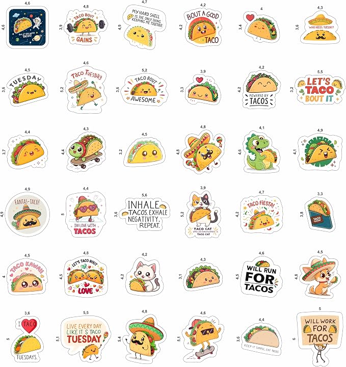 100Pcs Taco Stickers for Adults Vinyl - Mexican Food Stickers for Water Bottles, Scrapbooking, Laptop - Mexican Party Favors, Decorations - Gifts for Taco Lovers - Gift for Women & Men
