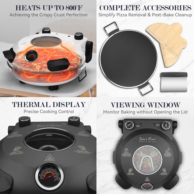 Baker's Friend Electric Pizza Oven Indoor Countertop, 12 Inch Pizza Maker Machine for Home, Pizza Cooker & Grill, Premium Glazed Ceramic Stone, Graphite Gray