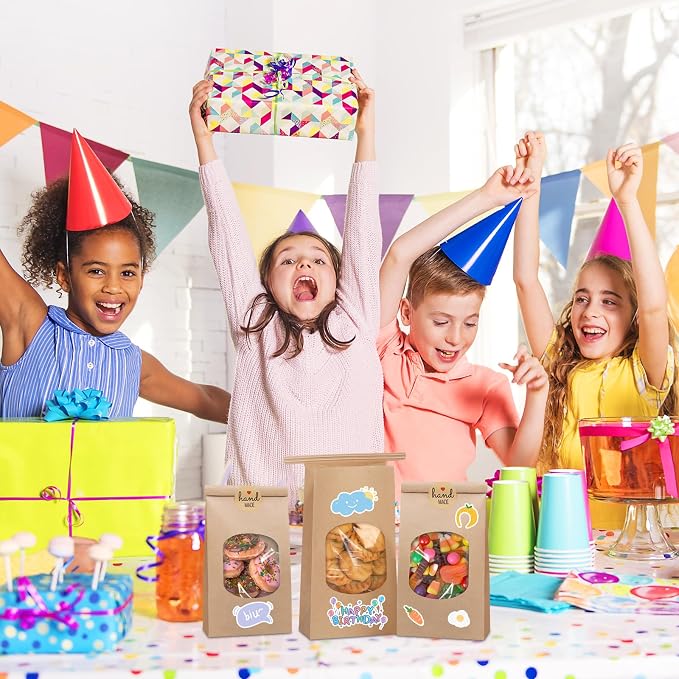 Eupako 3.54x2.36x6.7 Bakery Bags with Window 50 PCS Brown Tin Tie Tab Lock Bags Kraft Paper Bags for Cookies, Coffee, Included 50 PCS Handmade Stickers