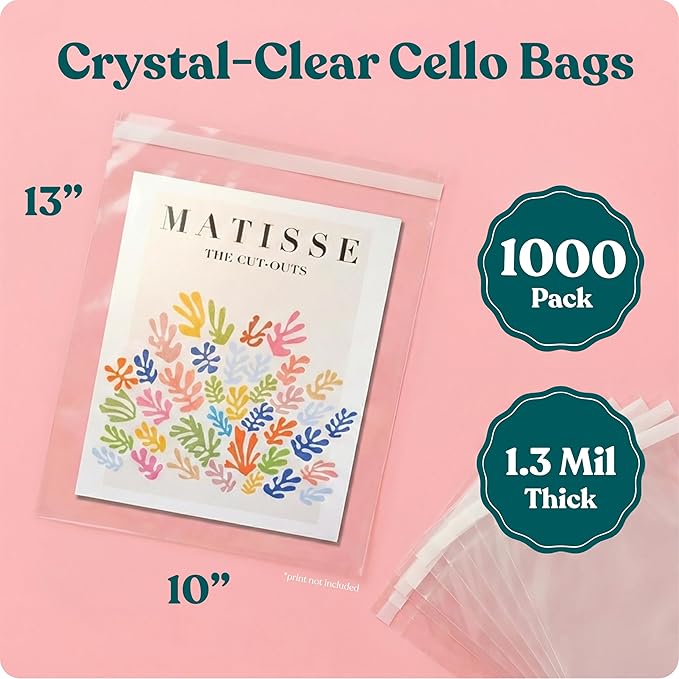 Pack It Chic - 10” X 13” Self Sealing Cellophane Bags (1000 Pack) - Resealable Adhesive Clear Bags for Gifts, 10X13 Photos, Prints, Envelopes, Documents