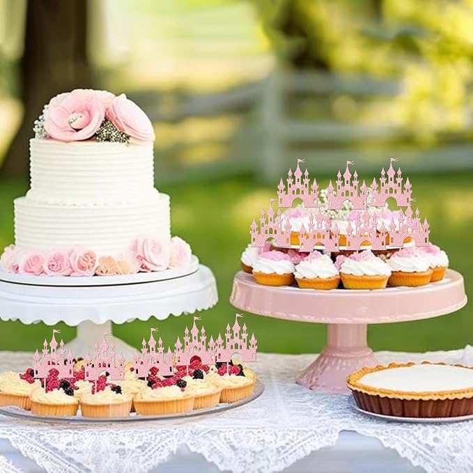 24 PCS Castle Cupcake Toppers Glitter Princess Cupcake Toppers Castle Theme Birthday Party Decoration Princess Birthday Cake Decoration for Baby Shower Princess Birthday Party Supplies Light Pink