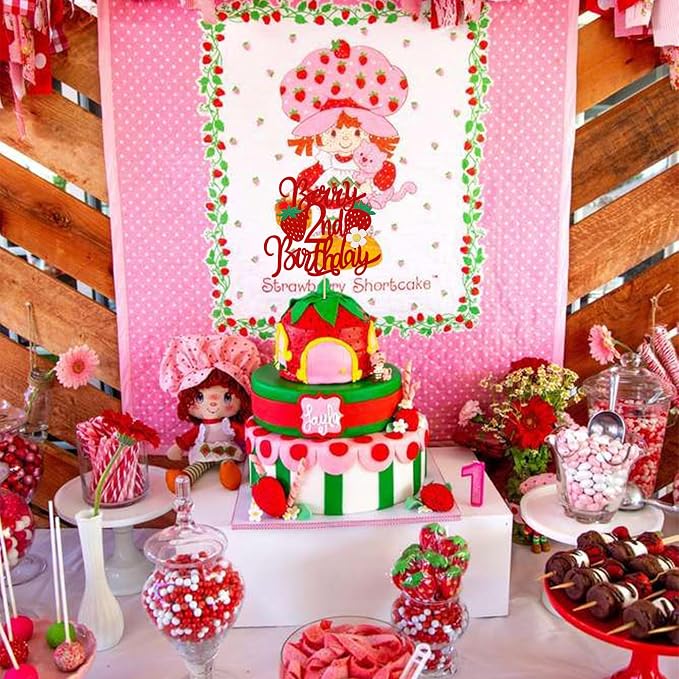 1 PCS Strawberry Berry 2nd Birthday Cake Topper Glitter Second Birthday Flower Strawberry Cake Pick for Sweet Fruit Theme Baby Shower Kids 2nd Birthday Party Cake Decorations Supplies