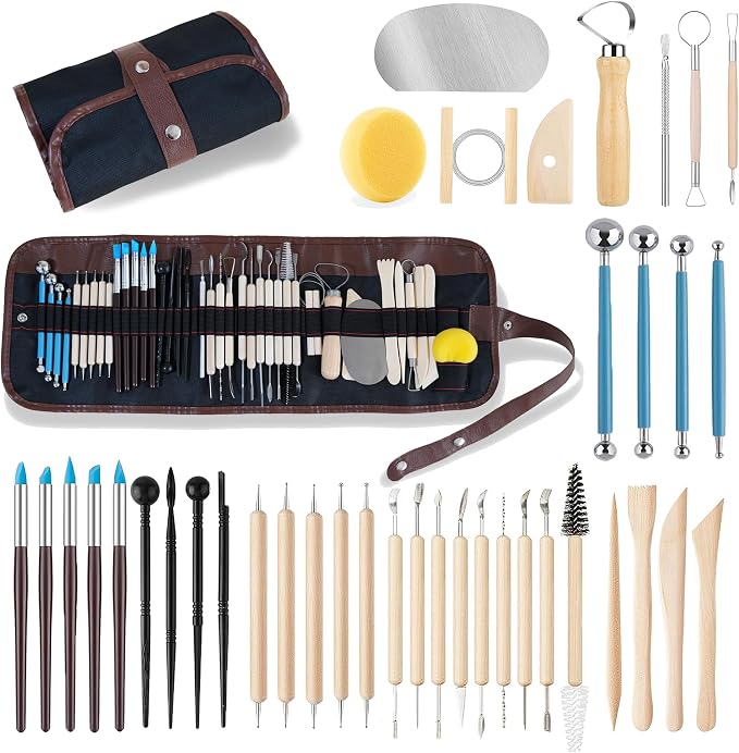 CeeVian 40PCS Clay Sculpting Tools Kit, Pottery Tools Set with Stainless Steel & Wooden Clay Carving Tools, Ball Stylus, Rubber Tip Shapers, Sponge & Storage Bag for Ceramic, Polymer Clay, Sculpting