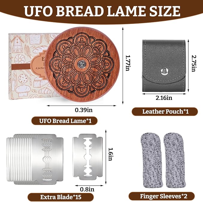 UFO Bread Lame Set for Sourdough,Wooden Bread Scoring Tool for Homemade Sourdough Gifts for Bread Baker with 15 Blades and Leather Storage Cover,Lame Cutter Scoring Knife for Baking-Rosette