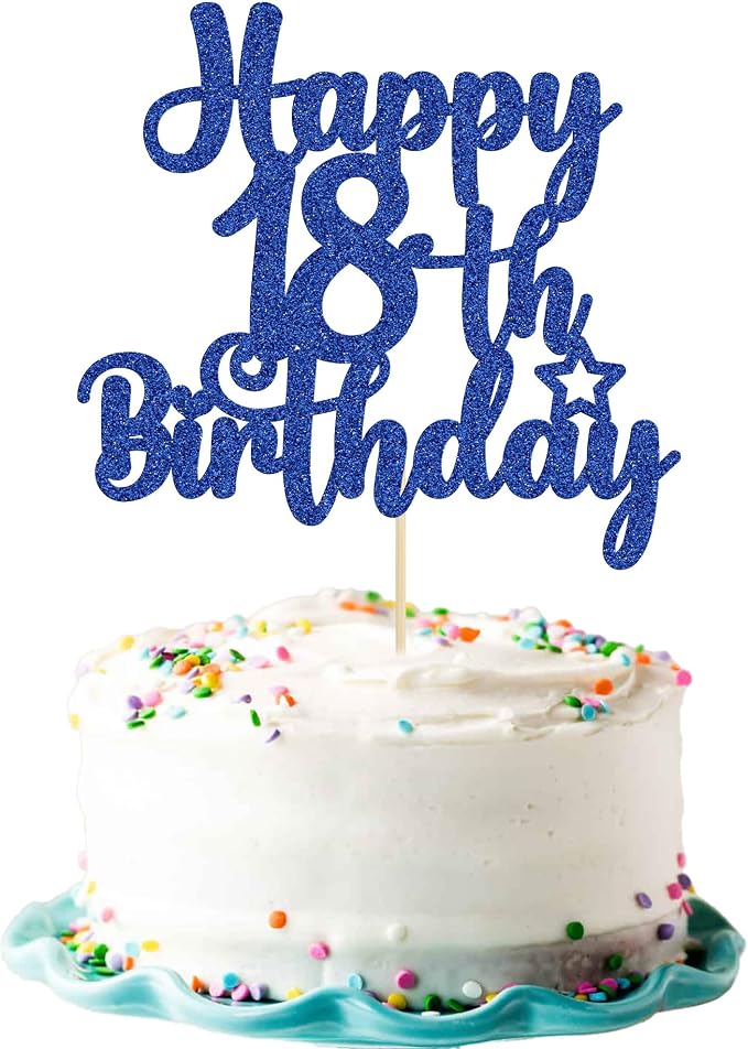 Gyufise 1Pc Happy 18th Birthday Cake Topper Glitter 18 & Fabulous Cheers to 18 Years Old Birthday Cake Pick for Celebrating 18th Birthday Party Cake Decorations Supplies Blue