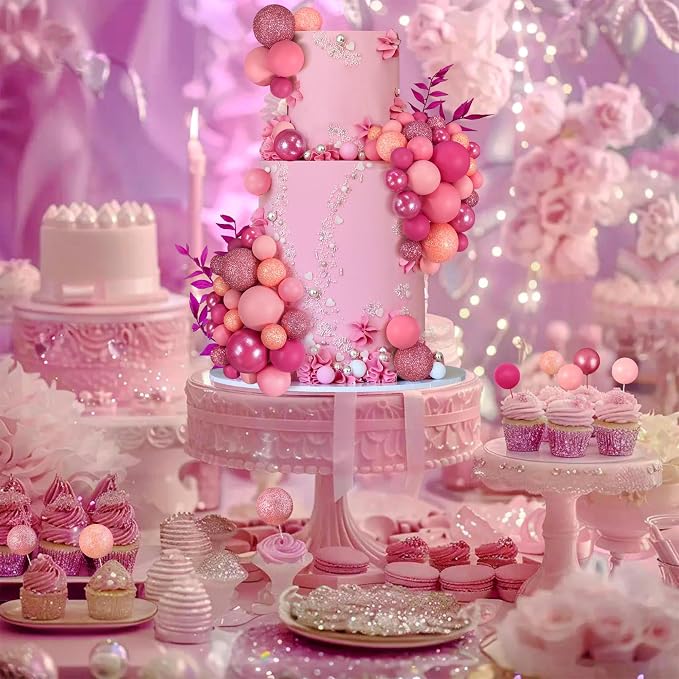 66 PCS Colorful Ball Cake Picks for Cake Decoration Pink Series with 6 Vibrant Colors Pearl Ball Shaped Cupcake Toppers for Birthday Party and Wedding Supplies