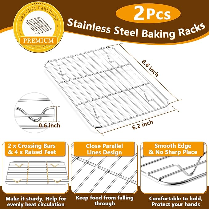 P&P CHEF 9 Inch Toaster Oven Pans with Racks, 4 Pieces Stainless Steel Oven Tray Baking Pan Sheet and Cooling Rack for Oven Cooking Roasting, Non Toxic & Dishwasher Safe
