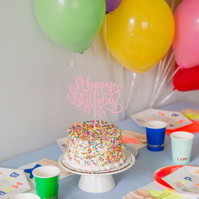 Gyufise 1Pcs Happy Birthday Cake Topper Glitter Cake Pick for Celebrating Anniversary Party Cake Decorations Supplies Pink
