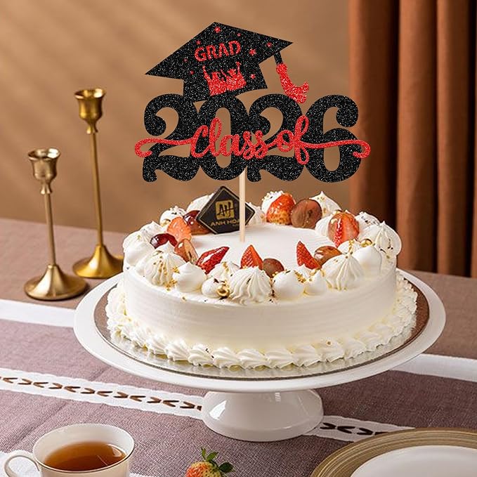 1 Pack Class of 2026 Cake Topper Glitter Congrats Grad Cap 2026 Graduation Cake Pick Decoration for 2026 Graduation Theme High School Graduate Party Cake Decorations Supplies Black Red