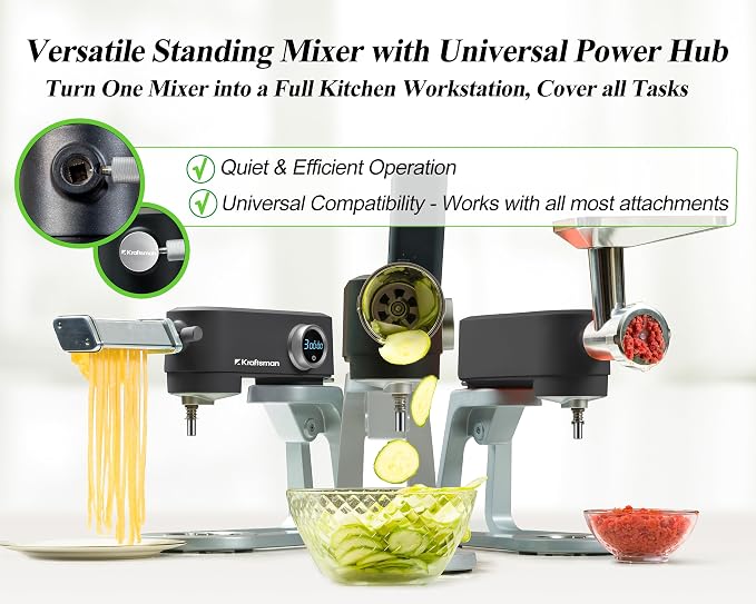 All Metal Stand Mixer DC Motor - 5.3 QT Heavy Duty Pizza Dough Mixer with 4 Stainless Steel Attachments, Quiet Operation with Timer, Verstile Standing Mixer with Power Hub, 8-Speed (Black)