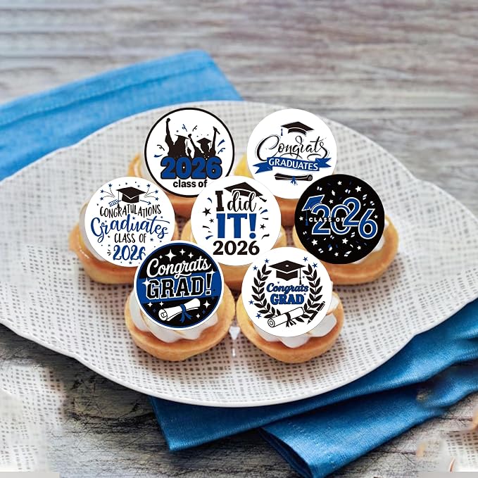 63 PCS Edible 2026 Graduation Cupcake Toppers Diploma Congrats 2026 Grad Cap Cupcake Picks Edible Class of 2026 Cake Decorations for 2026 Graduation Theme Party Cake Decorations Supplies Dark Blue