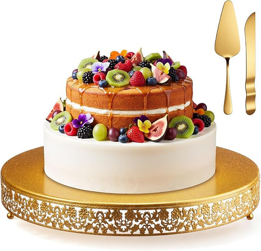 Wenqik 20 Inch Gold Cake Stand Set Metal Round Cupcake Dessert Stand with Cake Cutting, Flower Spatula Wedding Cupcake Pastry Display Candy Holder Display for Wedding Party Birthday Baby Shower