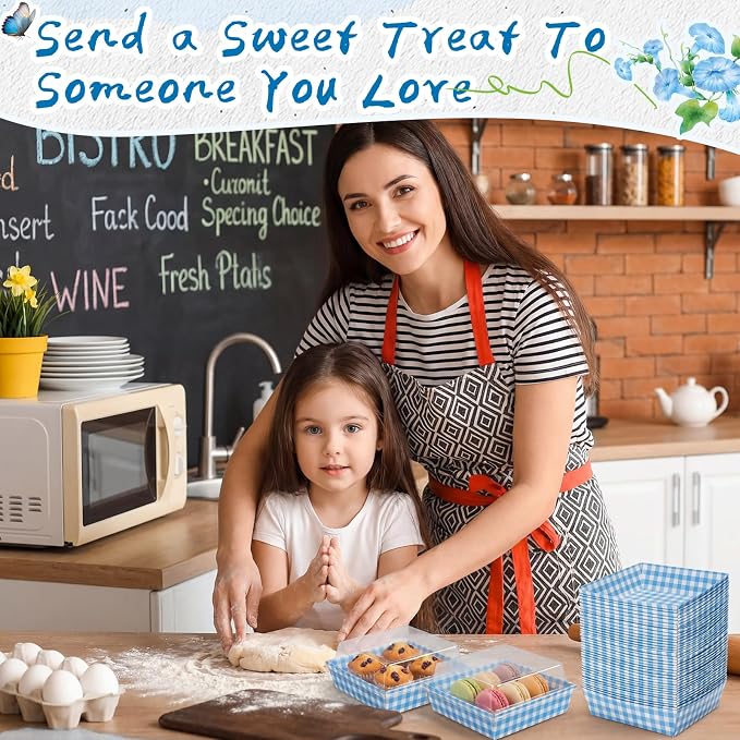 Potchen 50 Pack Blue & White Plaid Charcuterie Boxes with Clear Lids Boxes with Window for Cookies, Candy, and Mini Cakes – Ideal for Gift Giving & Bakery Packaging