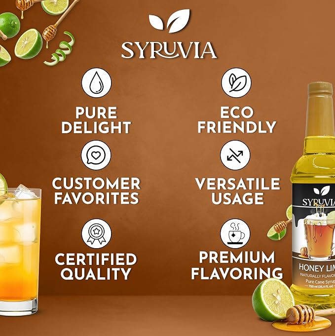 Syruvia Honey Lime Syrup, Naturally Flavored Syrup for Teas, Drinks, Lemonades, Iced Teas, and Desserts – 25.4 fl oz - with Pump