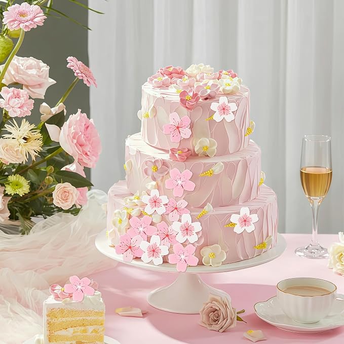 70Pcs Cherry Blossom Edible Cake Decorations Wafer Paper Flower Cupcake Toppers Paper Pink Cherry Blossom Flowers Wedding Themed Party Birthday Cake Decoration