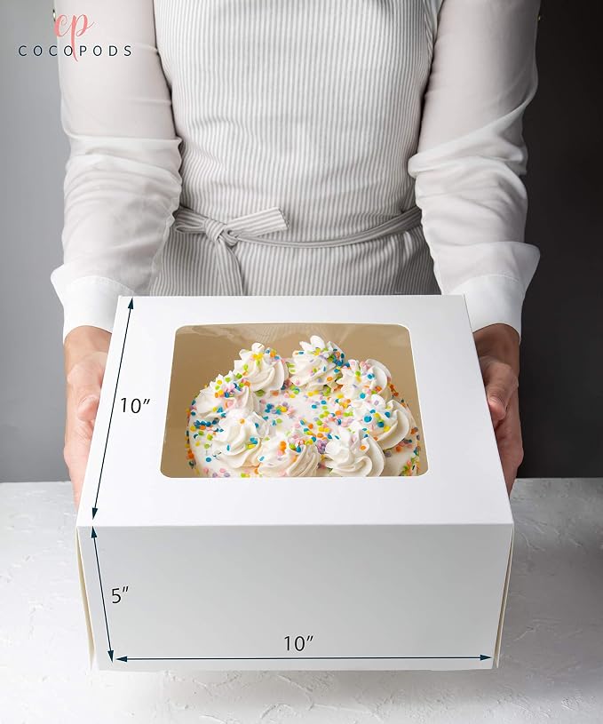 25 Pack Auto Pop-Up Cake Boxes with Viewing Window & 50 Stickers - This White 10x10x5 Bakery Boxes Container is Suitable For Cakes, Cupcakes, And Cookies - Dessert Boxes with Clear Display