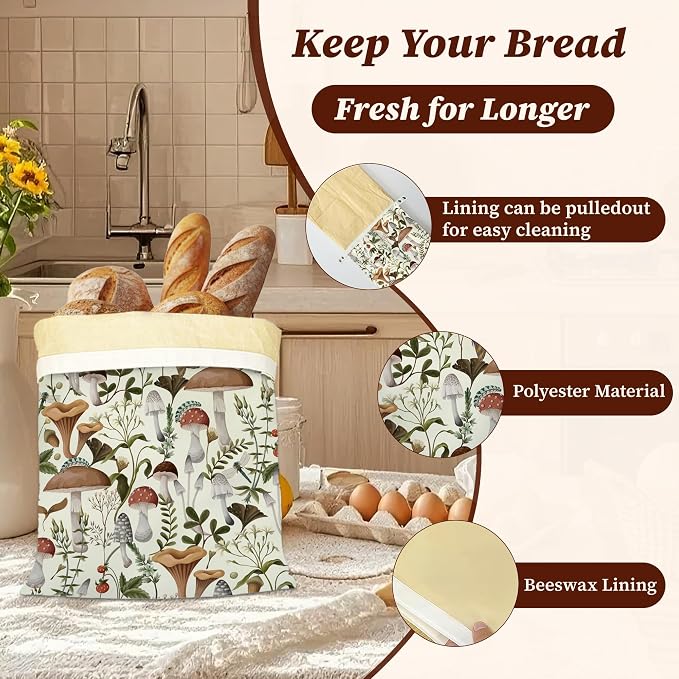 Beeswax Bread Bags, 2 Pack for Homemade Bread and Sourdough Storage | Mushroom Forest Dragonfly Berry, Reusable Polyester Bread Storage With Beeswax Coating And Snap Closures