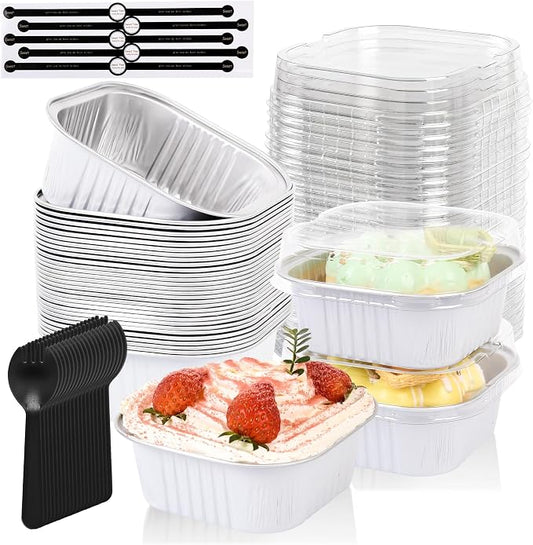 100 Pcs Mini Cake Pans with Lids, 5oz Square Aluminum Foil Brownie Baking Cups, Dessert Cupcake Cups with lids, Disposable Loaf Pans Cupcake for Wedding Birthday Party (White)