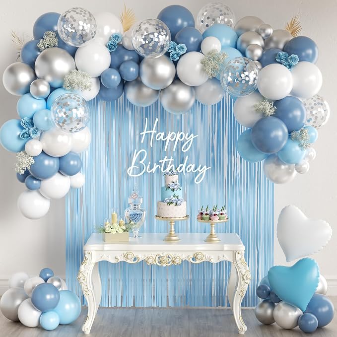 157PCS Pastel Blue Silver White Balloons Garland Arch Kit with Light Blue Fringe Curtain for Birthday Bridal Baby Shower Engagement Wedding Party Decorations