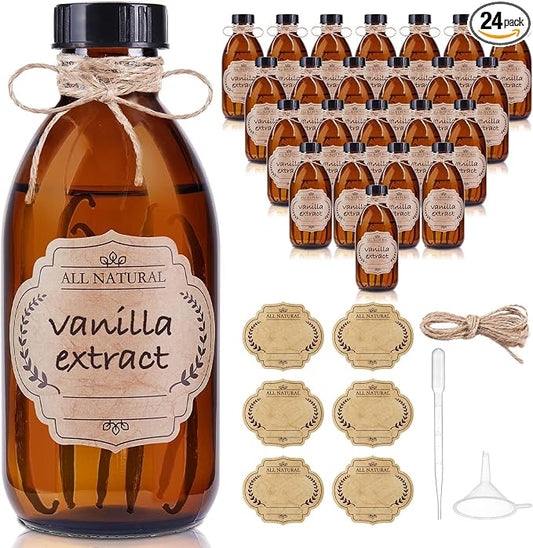 24 Pack 8 OZ Amber Glass Bottles with Lids, Leakproof Glass Bottles for Vanilla extract, Shampoo, Tinctures, Essential Oils, Homemade Hot Sauce, Syrup, Boston Round Brown Bottle