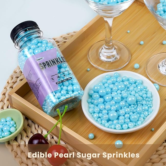 Edible Blue Pearl Sprinkles, Edible Sugar Sprinkles, Blue Pearls for Cake Decorating, Cupcake Toppers, Cake Decorations, Wedding Party Easter Supplies, 180g/6.35oz