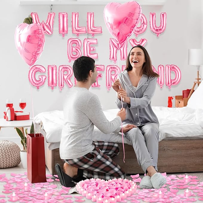 Will You Be My Girlfriend Balloon Proposal Decor 24 LED Flameless Tealight Heart Candle 2000 Artificial Rose Petals Love Balloon for Engagement Wedding Decor Romantic Special Night(Pink)