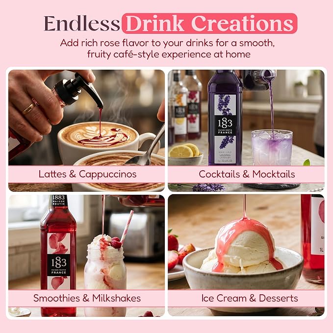 1883 Lavender, Rose, Hibiscus Syrups with Pumps (Floral Flavors) for Coffee & Drinks – 1 Liter Plastic Bottles (Pack of 3)