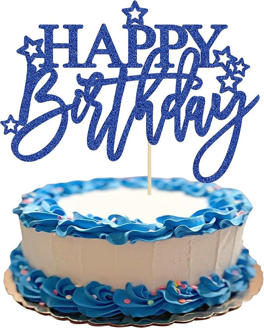 Gyufise 1Pcs Happy Birthday Cake Topper Glitter Happy Birthday Cake Pick for Celebrating Happy Birthday Anniversary Theme Party Cake Decorations Supplies Light Deep Blue