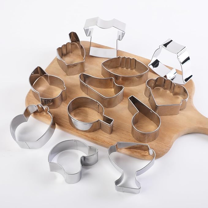 12PCS Football cookie cutter set Set, Fondant Biscuits Molds for Football, Jersey, Shorts, Shoe, Whistle, Helmet, Beer Mug, Glove, Trophy Cup, Cap, Table Tennis Racket, Foam Finger - Stainless Steel