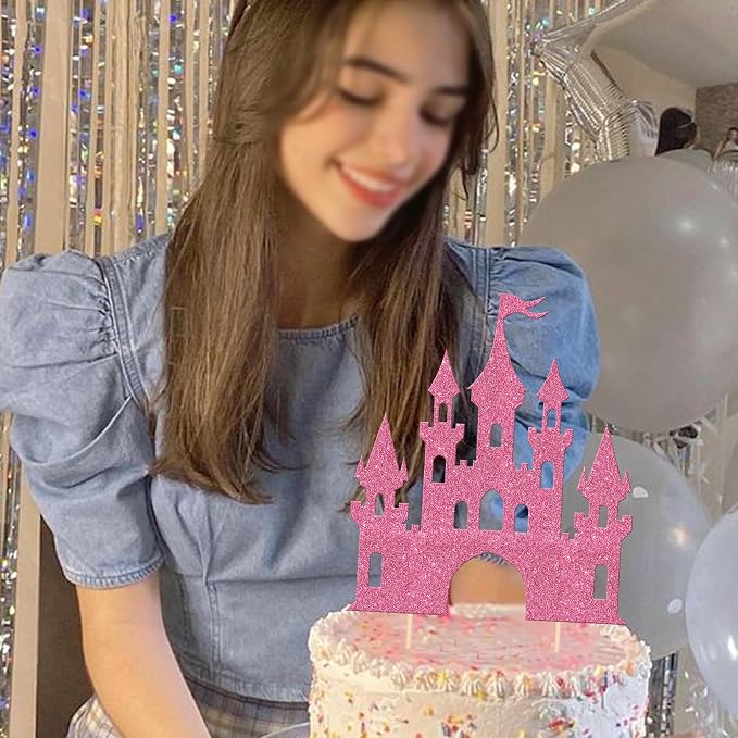 1 PCS Castle Cake Topper Glitter Queen Princess Castle Cake Pick Castle Theme Birthday Party Decoration for Princess Happy Birthday Girls Baby Shower Party Cake Decorations Supplies Pink