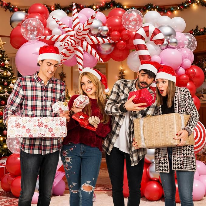 Christmas Balloon Arch Kit, 108 Pcs Xmas Snowflake Balloons, Red Pink Silver White Latex Balloons Candy Cane Foil Balloons for Xmas Baby Shower Winter Birthday Wonderland Christmas Party Decorations