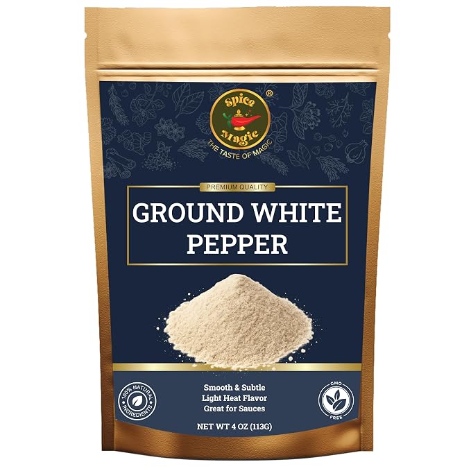 Spice Magic Ground White Pepper 4 oz | Gentle, Mild Heat and Subtle Flavor Perfect For Light Sauces, Soups, Chicken, and Seafood.